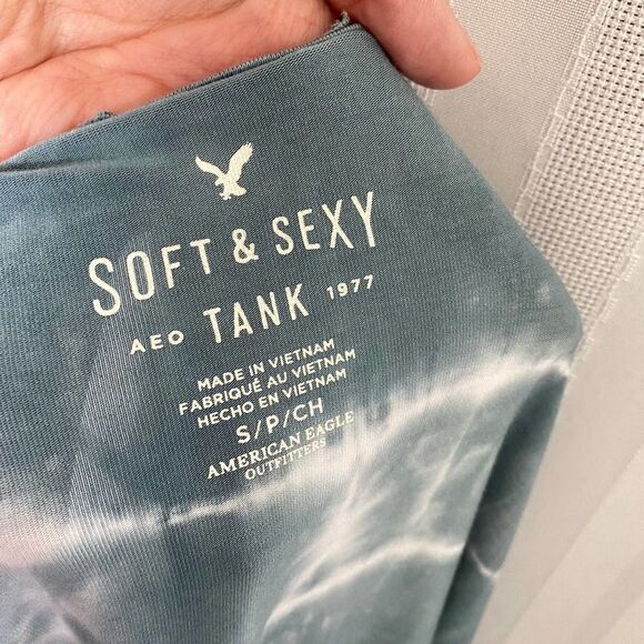 American Eagle Soft & Sexy Cage Neck Tie-Dye Tank Top Small Blue White Women's - Picture 7 of 9